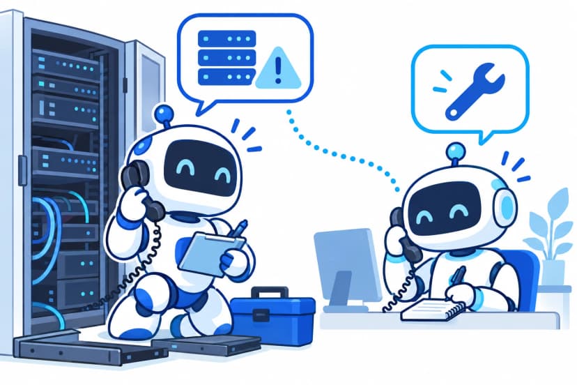 サーバーラックの前で電話するロボットと、机で電話を受けるロボット(イラスト)
