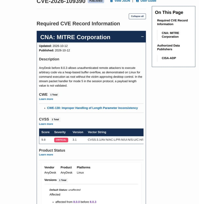 CVE.orgのCVE-2026-109390の記録。深刻度はCVSS 3.1で9.8のCritical、種類はCWE-130。対象はAnyDeskのLinux版8.0.0以上8.0.3未満で、説明に認証なしで遠隔からコードを実行できるとある