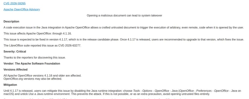 Apache OpenOfficeのCVE-2026-59265のページ。悪意のある文書を開くとシステムを乗っ取られる恐れがあるという題、Java連携の問題で4.1.16以前が対象、LibreOfficeではCVE-2026-63277として報告、深刻度Critical、回避策としてJavaの実行環境の設定を外す手順が書かれている