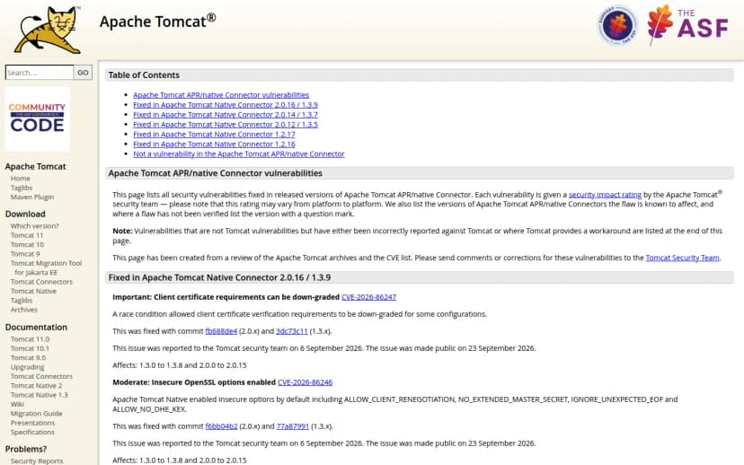 Apache Tomcatの公式サイト、APR/native Connectorの脆弱性一覧ページ。Fixed in Apache Tomcat Native Connector 2.0.16 / 1.3.9の見出しの下にCVE-2026-86247やCVE-2026-86246が並び、影響バージョン1.3.0 to 1.3.8 and 2.0.0 to 2.0.15と記載