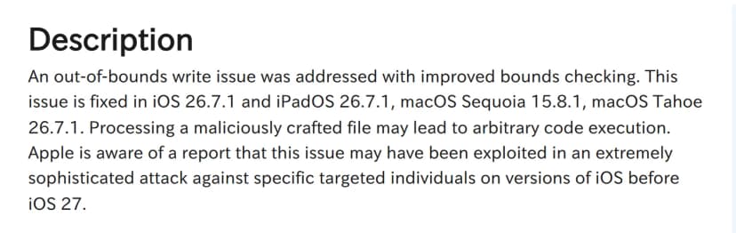 NISTのNVDのCVE-2026-86950の説明。英語で、境界チェックの改善で対処したこと、iOS 26.7.1とiPadOS 26.7.1、macOS Sequoia 15.8.1、macOS Tahoe 26.7.1で修正されたこと、悪意あるファイルで任意のコード実行の恐れ、Appleが悪用の可能性の報告を把握していること