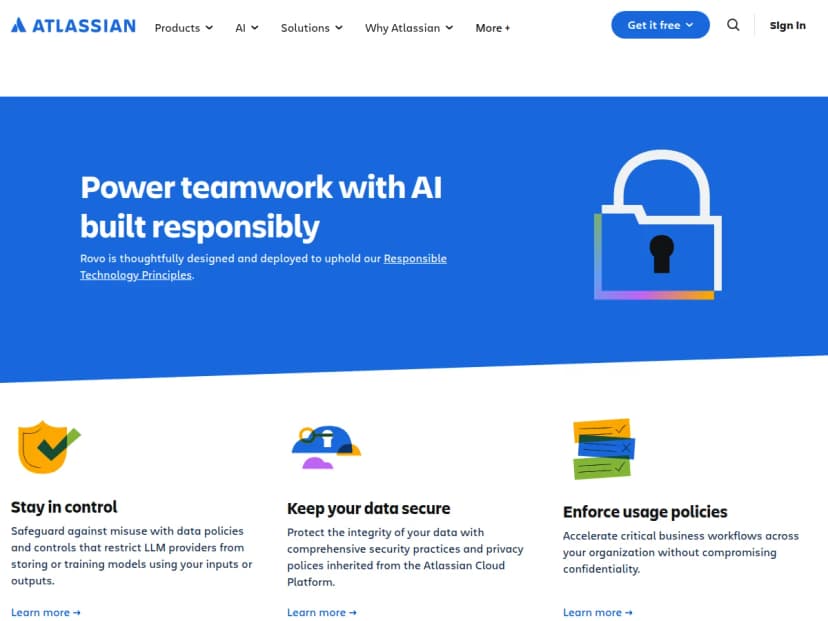 AtlassianのAI Trustのページの冒頭。Power teamwork with AI built responsiblyの見出しと、Stay in controlなど3つの項目。1つ目はLLM提供元が入力や出力を保存したり、モデルの学習に使ったりできないようにする方針と説明している