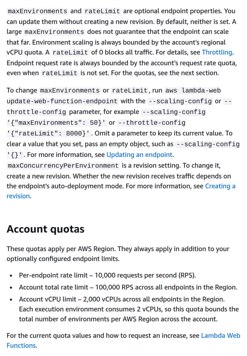 AWSのドキュメントのスケーリングのページ。maxEnvironmentsとrateLimitは任意の設定で既定では設定されないこと、アカウントの上限として1エンドポイント10,000 RPS・合計100,000 RPS・2,000 vCPU(1環境2 vCPU)が書かれている