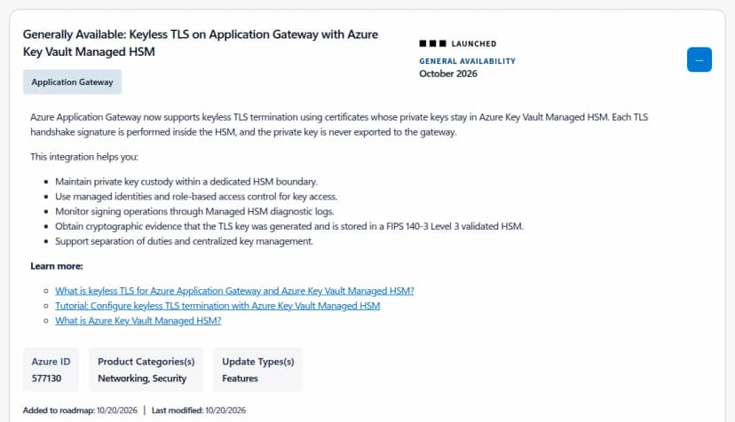 Azureの更新情報のカード(英語)。題名は、一般提供開始:Application GatewayでのAzure Key Vault Managed HSMを使ったKeyless TLS。状態はLAUNCHED・GENERAL AVAILABILITY・2026年10月。本文は、Application Gatewayが、秘密鍵をManaged HSMに置いたままの証明書でTLSを終端でき、TLSの手続きの署名はHSMの中で行い、秘密鍵はゲートウェイに渡さないこと。利点として、専用のHSMでの鍵の保管、マネージドIDとRBACでの鍵へのアクセス、Managed HSMの診断のログでの署名の見張り、鍵がFIPS 140-3 Level 3の認定を受けたHSMで作られ保管されている証拠、職務の分離と鍵の一元的な管理、を挙げる。Azure IDは577130、分類はネットワークとセキュリティ、ロードマップへの追加と最終更新は10/20/2026