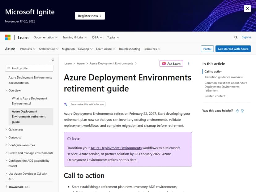 Microsoft LearnのAzure Deployment Environments retirement guideのページ。2027年2月22日に提供終了すると、別のサービスへ移行する案内の囲みがある