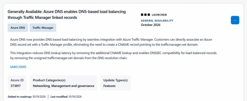 Azureの更新情報のカード(英語)。題名は、一般提供開始:Azure DNSがTraffic Manager linked recordsによるDNSベースの負荷分散に対応。対象はAzure DNSとTraffic Manager、状態はLAUNCHED・GENERAL AVAILABILITY・2026年10月。本文は、Azure DNSのレコードセットをTraffic Managerのプロファイルに直接ひも付けられ、trafficmanager.netのドメインを指すCNAMEを作る必要がなくなること、追加のCNAMEの引き直しを無くして遅延を減らし、署名の無いtrafficmanager.netを名前の解決の流れから外すことで負荷分散のレコードをDNSSECと両立させること。Azure IDは573917、ロードマップへの追加と最終更新は10/19/2026