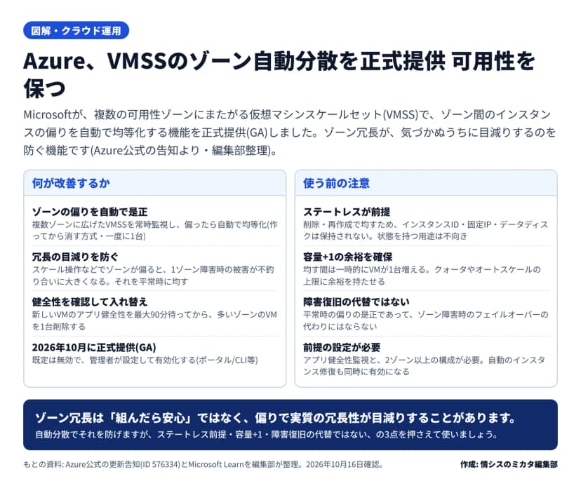 2区画の図。左『何が改善するか』=複数ゾーンに広げたVMSSを常時監視し偏りを自動で均等化(作ってから消す・一度に1台)、スケール操作でゾーンが偏ると1ゾーン障害の被害が大きくなるのを平常時に均す、新VMのアプリ健全性を最大90分待って多いゾーンのVMを削除、2026年10月に正式提供GAで既定は無効。右『使う前の注意』=ステートレス前提(ID/固定IP/データディスクは保持されない)、容量+1の余裕を確保、障害復旧の代替ではない、アプリ健全性監視と2ゾーン以上が前提で自動修復も同時に有効