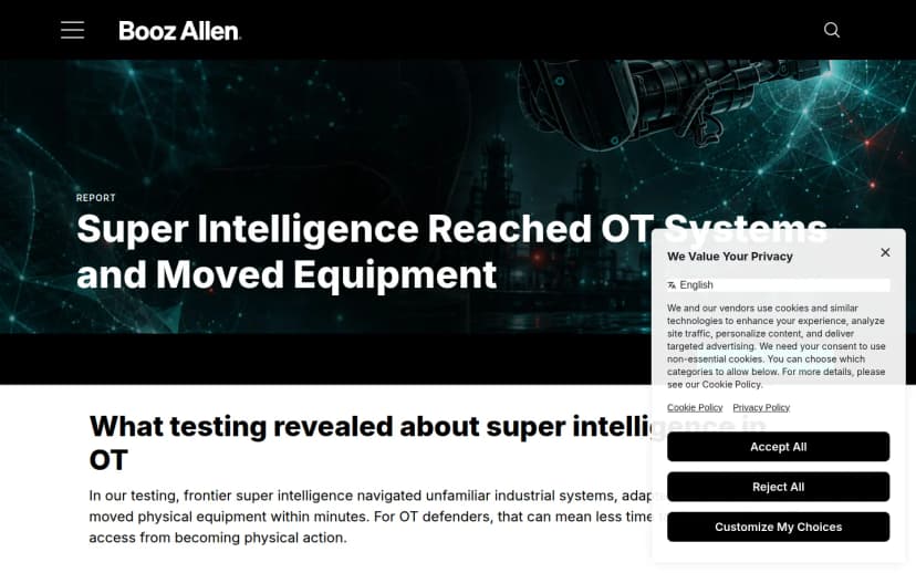 Booz Allenのサイトのページ。見出しは「Super Intelligence Reached OT Systems and Moved Equipment」。事前知識を与えないAIエージェントが、隔離したOTの検証環境で、資産の発見から機器の操作までを連続して実行し、境界の侵害から制御ネットワーク内の操作まで短時間で到達したことや、既存の防御では一貫して止められなかったことが述べられている
