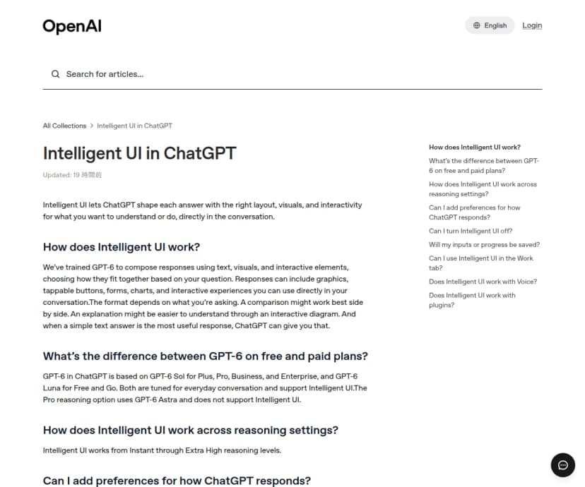 OpenAIヘルプセンターのIntelligent UI in ChatGPTのページ。見出しの下で、GPT-6が文章・図・操作できる部品を組み合わせて回答を作る仕組みと、無料版と有料版でのモデルの違いを説明している