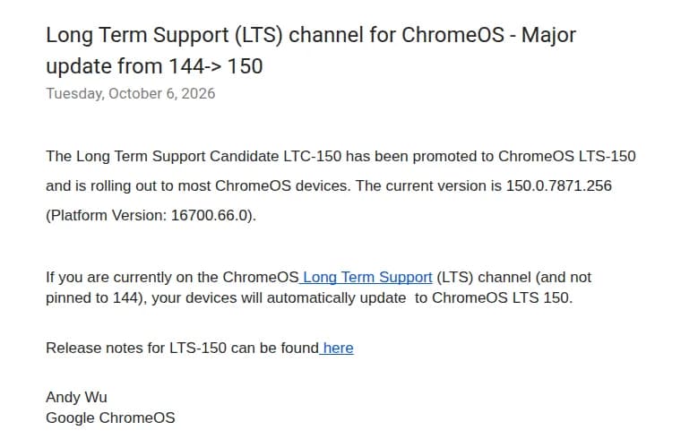 Chrome Releasesの2026年10月6日の記事。LTC-150がChromeOS LTS-150に昇格し、現在の版は150.0.7871.256、LTSチャネルで144に固定していない端末は自動でLTS 150に更新されると書かれている