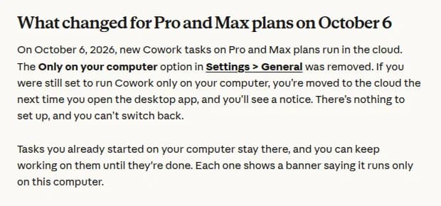 公式ヘルプの英語の画面。ProとMaxで新しいタスクがクラウドで動くこと、設定が削除されたこと、元に戻せないこと、すでに始めたタスクはパソコンに残ることが書かれている
