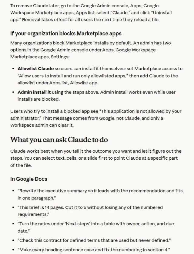 Claudeのヘルプの英語の画面。Marketplaceのアプリを止めている組織の管理者向けに、Claudeを許可リストへ追加する方法と、管理者によるインストールの2つの選択肢が説明されている