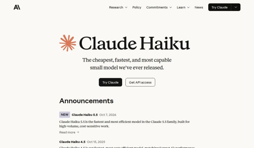 Claude Haikuのページ上部。最も安く、最も速く、最も高性能な小型モデルという説明と、Claude Haiku 5.5(2026年10月7日)のお知らせが並ぶ