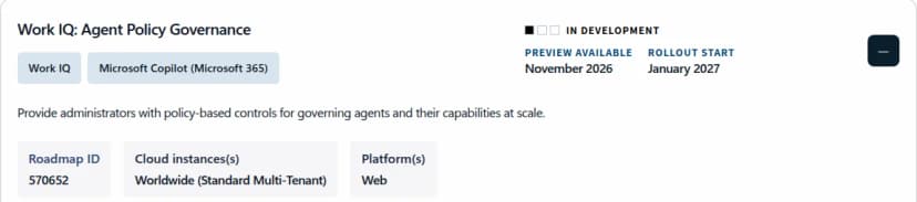 Microsoft 365ロードマップの画面。Work IQ: Agent Policy Governanceの題、Work IQとMicrosoft Copilot (Microsoft 365)の製品タグ、開発中の表示、プレビューがNovember 2026、展開の開始がJanuary 2027、管理者にポリシーでエージェントを統制する手段を提供するという英語の説明