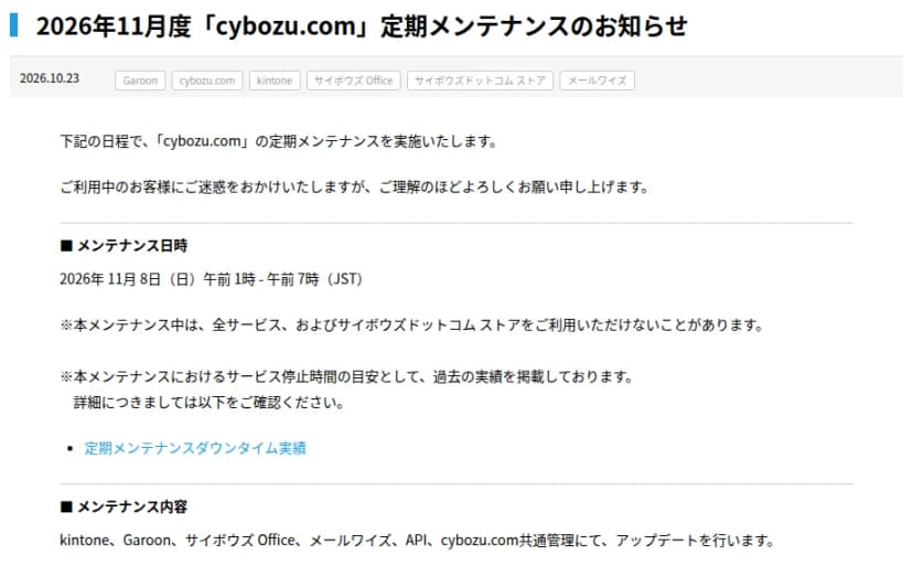 サイボウズのお知らせ『2026年11月度「cybozu.com」定期メンテナンスのお知らせ』、2026年10月23日、対象はGaroon、cybozu.com、kintone、サイボウズ Office、サイボウズドットコム ストア、メールワイズ。メンテナンス日時は2026年11月8日(日)午前1時から午前7時(JST)で、全サービスとサイボウズドットコム ストアを使えないことがあること、停止時間の目安として過去の実績を掲載していること、メンテナンス内容はkintone、Garoon、サイボウズ Office、メールワイズ、API、cybozu.com共通管理のアップデートであることが書かれている