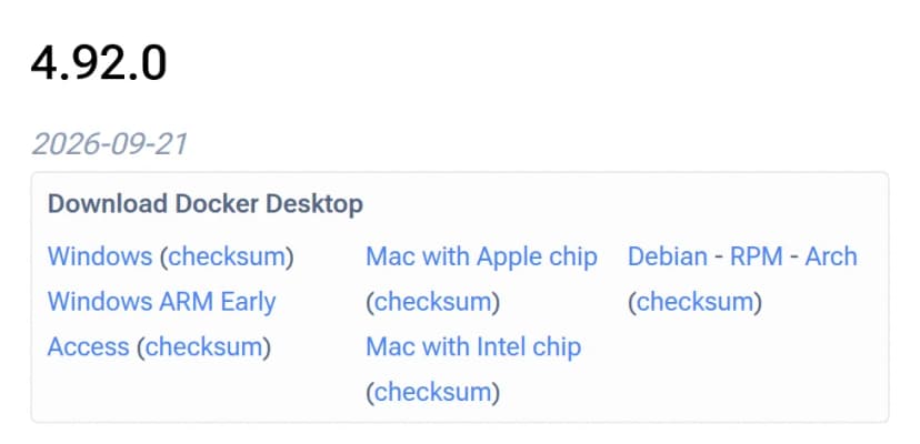 Docker Desktopのリリースノートの4.92.0の見出しと日付2026-09-21、Windows・Mac・Linuxのダウンロードのリンク欄