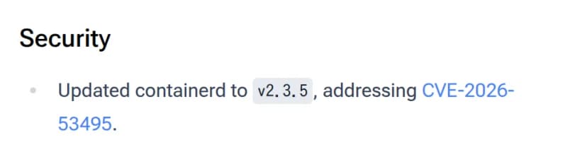 Docker Desktop 4.92.0のリリースノートのSecurityの項。containerdをv2.3.5に更新し、CVE-2026-53495に対処したと書かれている