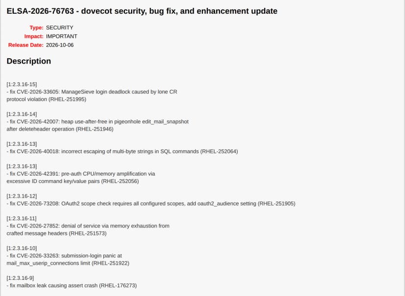 Oracle LinuxのELSA-2026-76763のページ。種別SECURITY、重要度IMPORTANT、公開日2026-10-06。版2.3.16-15から2.3.16-9までの更新履歴に、CVE-2026-33605・42007・40018・42391・73208・27852・33263の修正が書かれている