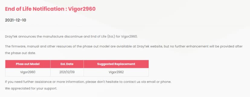 DrayTekの2021年12月10日の告知「End of Life Notification : Vigor2960」。Vigor2960の製造をやめ、販売の終わり(EoL)とすること、ファームウェアや説明書は引き続きサイトで公開するが、その後は機能の改善をしないこと、表にVigor2960、日付2021年12月9日、後継の推奨はVigor2962と書かれている