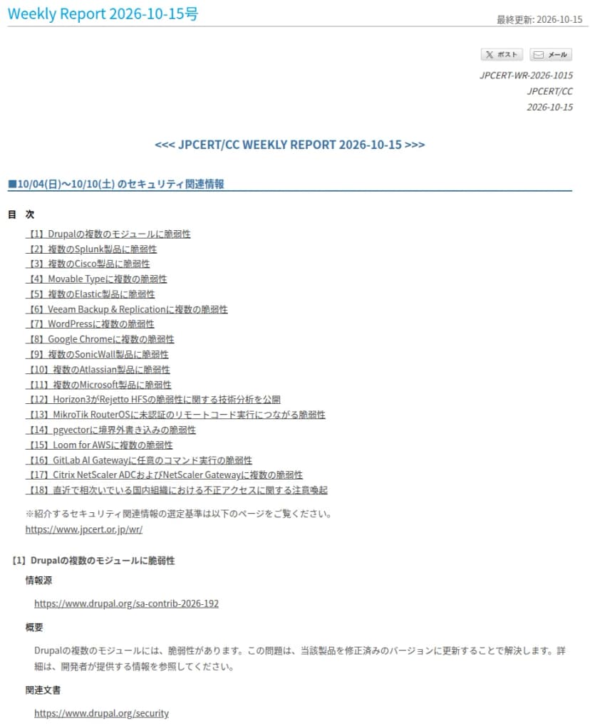 JPCERT/CCのWeekly Report 2026-10-15号のページの上の部分。題の下に、10/04(日)〜10/10(土)のセキュリティ関連情報とあり、目次の1件目が「Drupalの複数のモジュールに脆弱性」で、続いてSplunk、Cisco、Movable Type、Elastic、Veeam、WordPress、Google Chromeなど18件が並ぶ。その下の【1】の本文に、情報源としてhttps://www.drupal.org/sa-contrib-2026-192、概要として、Drupalの複数のモジュールに脆弱性があり、修正済みのバージョンに更新することで解決すること、関連文書としてhttps://www.drupal.org/securityが書かれている