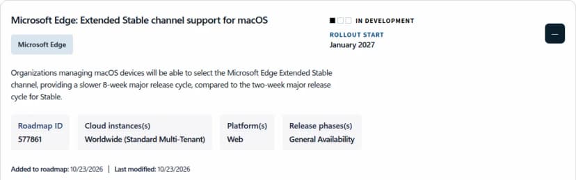 Microsoft 365のロードマップの項目(英語)。題名はMicrosoft Edge: Extended Stable channel support for macOS。製品はMicrosoft Edge。状態はIN DEVELOPMENT、ROLLOUT STARTはJanuary 2027。説明は、macOSの端末を管理する組織がMicrosoft Edgeの延長安定版のチャネルを選べるようになり、安定版の2週ごとの大きな更新に比べて、8週ごとのゆっくりした周期になる、というもの。Roadmap IDは577861、クラウドはWorldwide (Standard Multi-Tenant)、プラットフォームはWeb、リリースの段階はGeneral Availability。ロードマップへの追加と最後の更新はどちらも10/23/2026