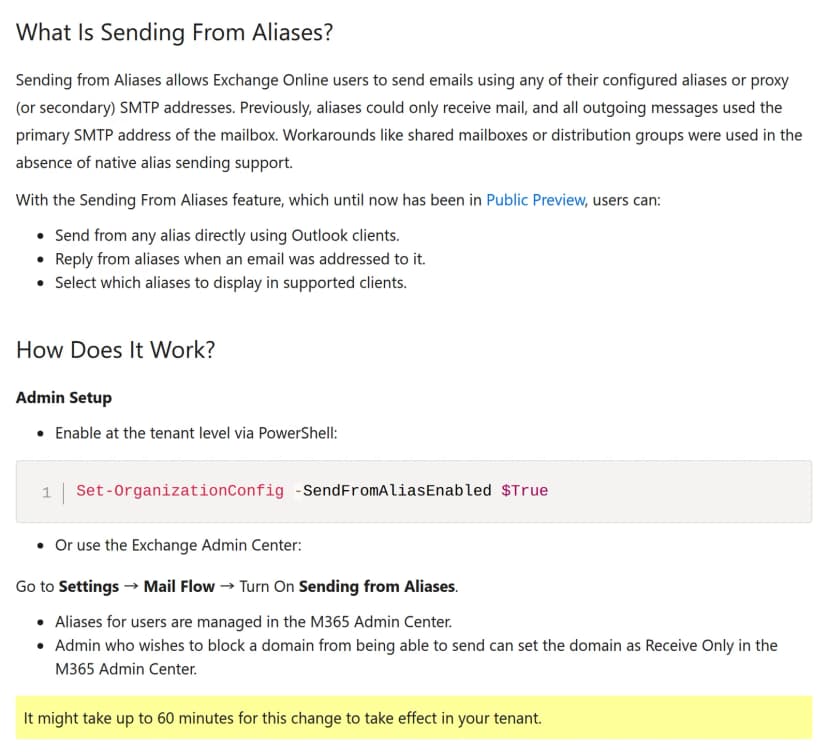 Exchange Team Blogの画面。Sending From Aliasesの説明と、Set-OrganizationConfig -SendFromAliasEnabled $True のコマンド、反映に最大60分かかるとの注記が英語で表示されている