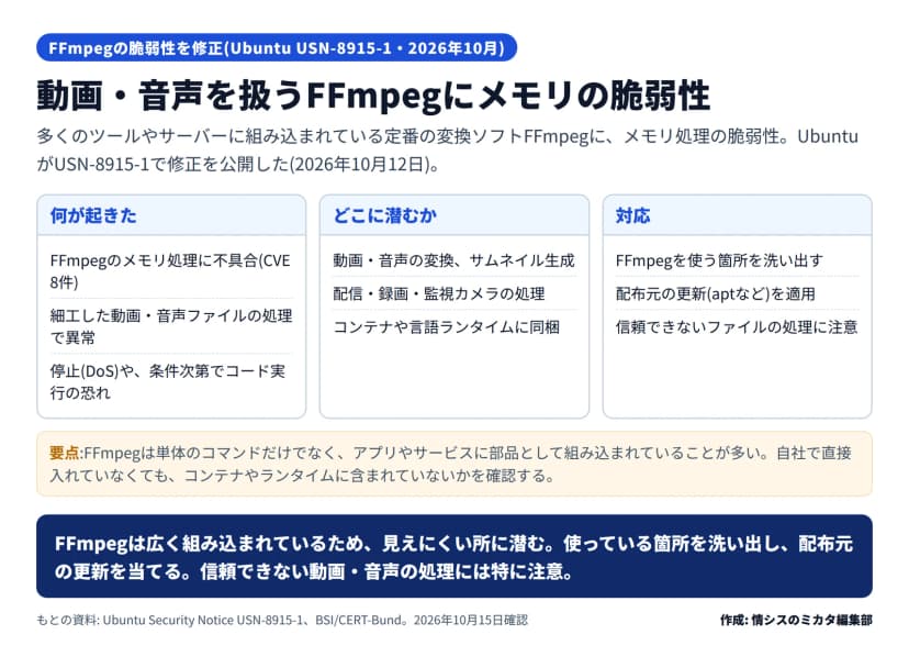 FFmpegの脆弱性の図。何が起きた=FFmpegのメモリ処理に不具合(CVE 8件)、細工した動画・音声ファイルの処理で異常、停止(DoS)や条件次第でコード実行の恐れ。どこに潜むか=動画・音声の変換やサムネイル生成、配信・録画・監視カメラの処理、コンテナや言語ランタイムに同梱。対応=FFmpegを使う箇所を洗い出す、配布元の更新(aptなど)を適用、信頼できないファイルの処理に注意。FFmpegは部品として組み込まれていることが多く自社で直接入れていなくても確認を、とある