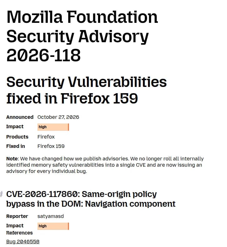 MozillaのMFSA 2026-118の冒頭。Security Vulnerabilities fixed in Firefox 159、公表日October 27, 2026、Impactはhigh、製品はFirefox、修正版はFirefox 159。注記に、社内で見つけたメモリー安全性の脆弱性をまとめて1つのCVEにすることをやめ、不具合ごとに勧告を出すようにしたと書かれ、その下に最初の1件CVE-2026-117860（DOM: Navigationでの同一オリジンポリシーのバイパス、high）が続く