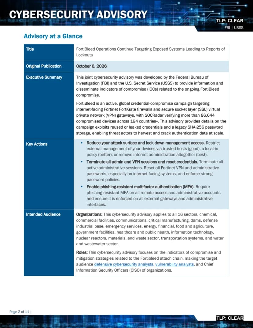 FBIと米シークレットサービスの共同注意喚起の概要ページ。題、公開日2026年10月6日、要約と主な対処が表で並ぶ