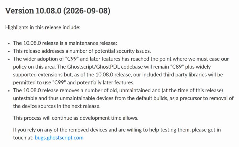 Ghostscript公式のNewsの画面。Version 10.08.0 (2026-09-08)の見出しの下に、保守リリースであり、複数の潜在的なセキュリティ問題に対応すると書かれている