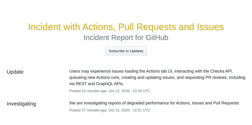 GitHub Statusの障害のページ。題はIncident with Actions, Pull Requests and Issues。10月12日12時21分(UTC)にActions・Issues・Pull Requestsの性能の低下を調査中と掲載し、12時33分(UTC)の更新で、Actionsのタブの表示、Checks API、新しい実行の受け付け、Issueの作成と更新、PRのレビュー依頼に問題が出ることがあると書いている