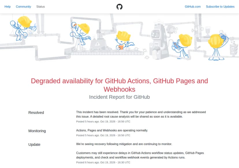 GitHubの状況ページの障害の報告『Degraded availability for GitHub Actions, GitHub Pages and Webhooks』。Resolvedとして、障害は解消し、詳しい根本原因の分析はまとまり次第共有するとの記載(2026年10月19日16時56分UTC)。Monitoringとして、Actions、Pages、Webhooksは正常に動いているとの記載(同16時56分UTC)。Updateとして、対策のあと回復しているが、Actionsのワークフローの状態の更新、Pagesのデプロイ、Actionsの実行から出るcheckとworkflowのWebhookのイベントは遅れることがあるとの記載(同16時30分UTC)