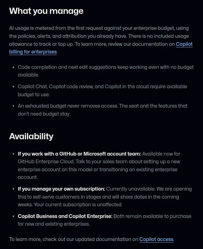 GitHubの変更履歴『GitHub Enterprise now includes access to GitHub Copilot』の本文の一部。What you manageの節は、AIの利用は最初の要求から企業の予算に計上され、含まれる利用枠は無いと説明し、コードの補完と次の編集の提案は予算が無くても動く、Copilot Chat・コードレビュー・クラウドのCopilotは予算が要る、予算が尽きても席は外れないと挙げる。Availabilityの節は、営業の担当がいる会社はGitHub Enterprise Cloudで今から使え、自分で契約している会社は今は使えず段階的に広げる、Copilot BusinessとEnterpriseは引き続き購入できると説明