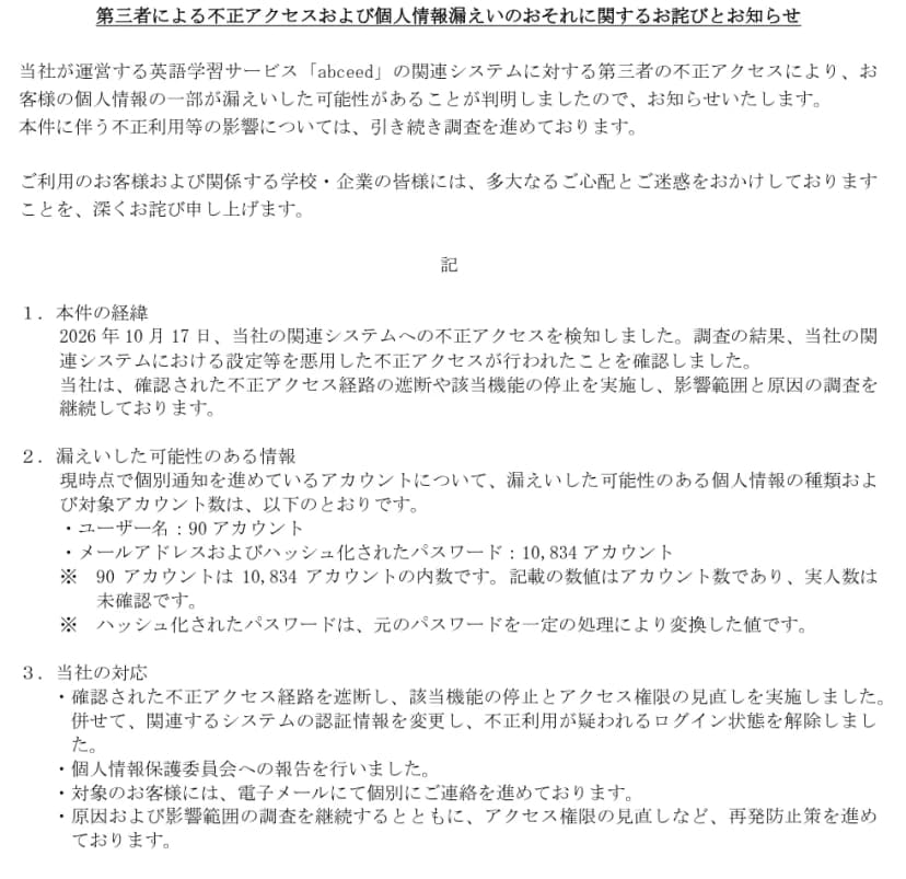 株式会社Globeeの開示資料「第三者による不正アクセスおよび個人情報漏えいのおそれに関するお詫びとお知らせ」。英語学習サービスabceedの関連システムへの不正アクセスで個人情報の一部が漏えいした可能性があること。1 本件の経緯として2026年10月17日に検知し、関連システムにおける設定等を悪用した不正アクセスを確認したこと。2 漏えいした可能性のある情報としてユーザー名90アカウント、メールアドレスおよびハッシュ化されたパスワード10,834アカウント(90は内数、実人数は未確認)。3 当社の対応として経路の遮断、該当機能の停止、アクセス権限の見直し、認証情報の変更、ログイン状態の解除、個人情報保護委員会への報告、メールでの個別連絡が書かれている