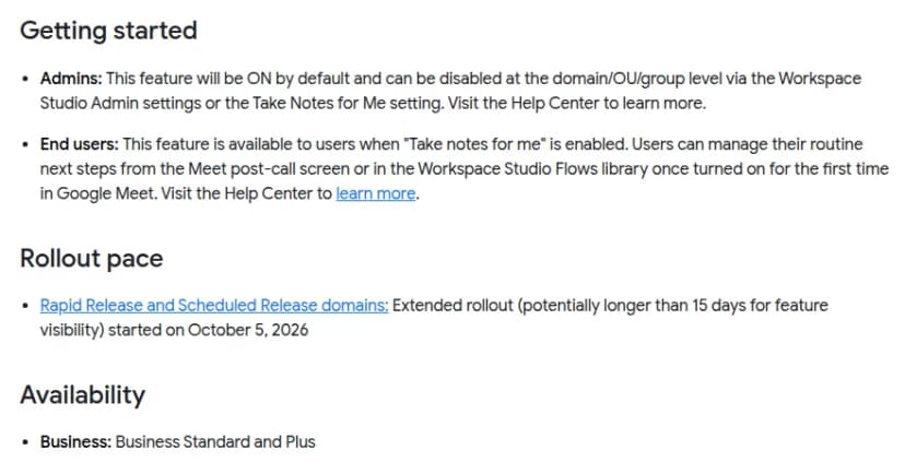 Google Workspace Updatesの記事の画面。管理者向けにこの機能は既定でオンで、Workspace Studioの管理設定か会議メモの設定でドメイン・組織部門・グループ単位で無効にできること、展開は2026年10月5日から始まったこと、対象のエディションが書かれている