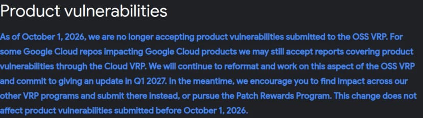 英語の見出しProduct vulnerabilitiesの下に、2026年10月1日から製品の脆弱性の報告を受け付けないこと、2027年第1四半期に更新を知らせること、10月1日より前の報告には影響しないことが書かれた段落