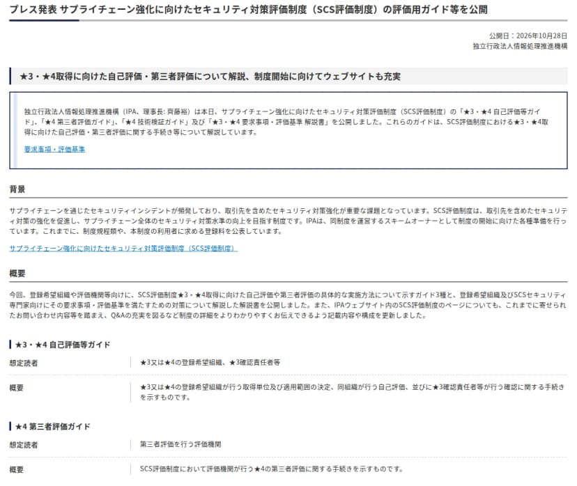IPAのプレス発表『サプライチェーン強化に向けたセキュリティ対策評価制度（SCS評価制度）の評価用ガイド等を公開』（公開日2026年10月28日）。★3・★4取得に向けた自己評価・第三者評価について解説し、制度開始に向けてウェブサイトも充実。★3・★4 自己評価等ガイド、★4 第三者評価ガイド、★4 技術検証ガイド、★3・★4 要求事項・評価基準 解説書を公開したこと、背景と概要、自己評価等ガイドと第三者評価ガイドの想定読者と概要