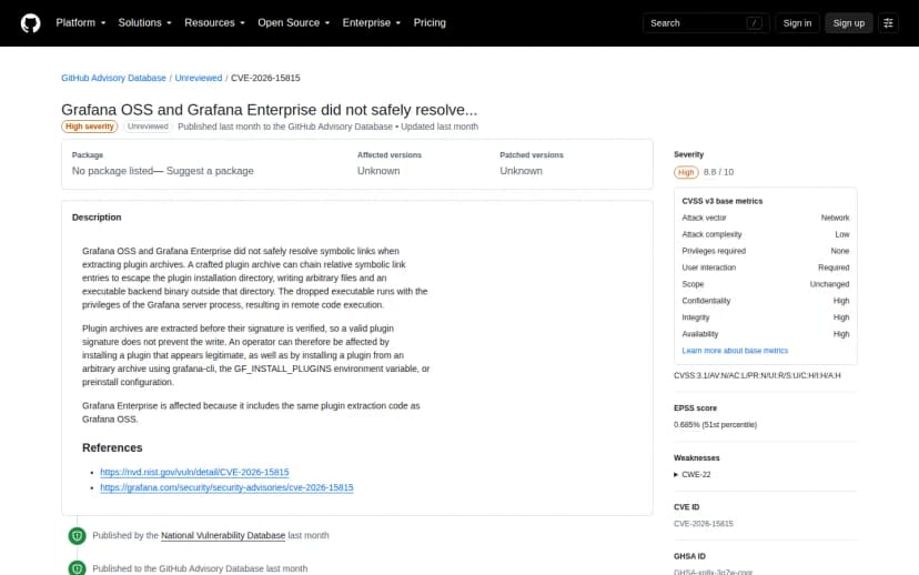 GitHub Advisory DatabaseのCVE-2026-15815のページ。High severity 8.8/10、説明にGrafana OSSとEnterpriseがプラグインアーカイブ展開時にシンボリックリンクを安全に解決せず任意ファイル書き込みとコード実行に至ると記載、CVSSベクトルとCWE-22