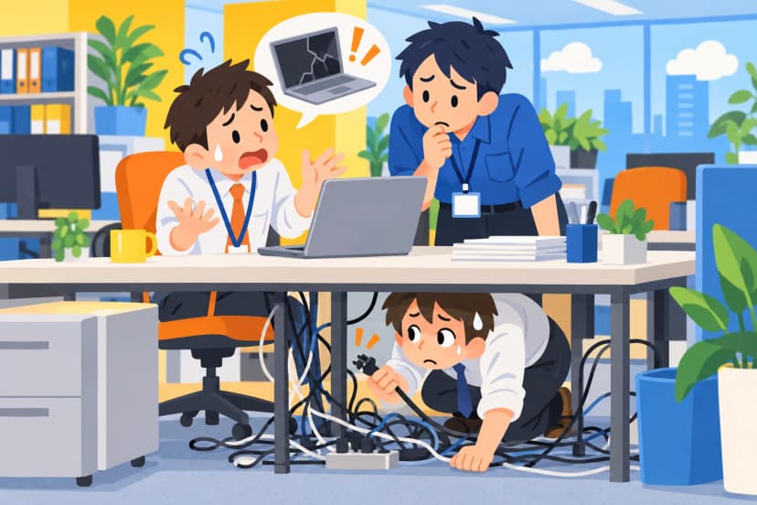 壊れたノートPCに慌てる社員と、机の下でケーブルを持つ人(イラスト)