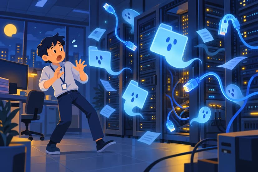 夜のサーバー室でフォルダやケーブルのおばけに驚く情シス(イラスト)