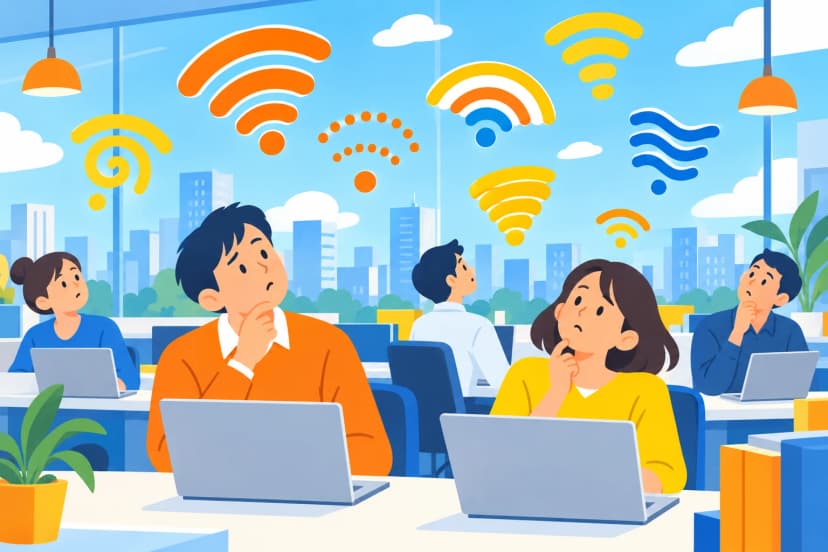 社内に飛ぶさまざまな Wi-Fi の名前を見上げて首をかしげる社員たち(イラスト)