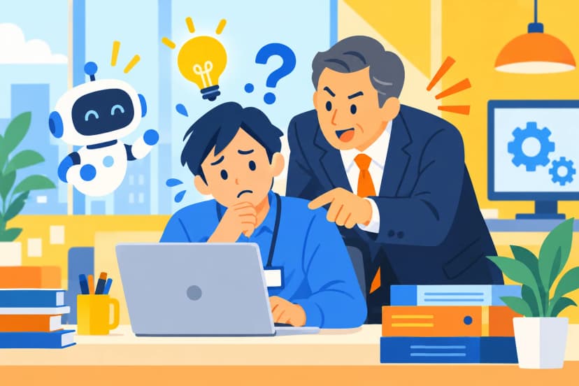 社長に指をさされ、パソコンの前で困った顔をする情シス担当と、横に浮かぶロボット(イラスト)