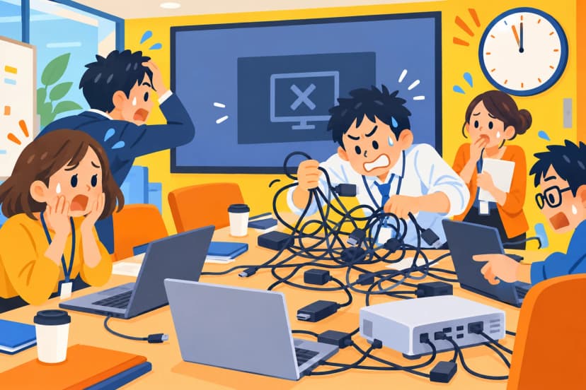 会議室で会議の直前に、ケーブルや機器のトラブルが起きて慌てる様子(イラスト)
