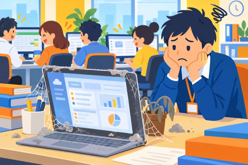 新しく入れたSaaSが3日で使われなくなり、人々が元のやり方に戻る様子(イラスト)