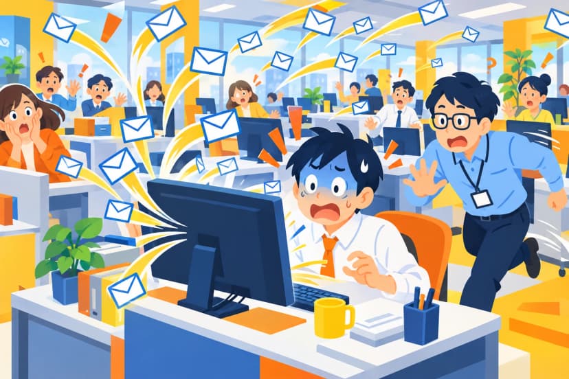 全社メールを誤って送信してしまい、慌てて情シスに相談しようとする人の場面(イラスト)