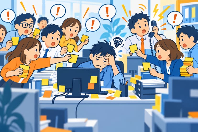 休み明けの情シスの席に、付箋を持った社員たちが詰めかけ、担当者が頭を抱えている(イラスト)