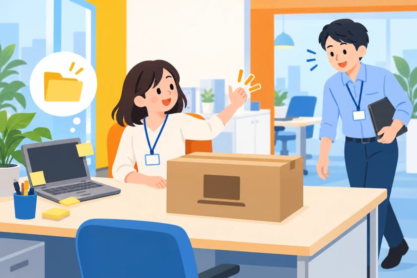 新しいパソコンの箱が届いた机で、社員が笑顔で手を挙げ、情シスの担当者が近づいてくる(イラスト)