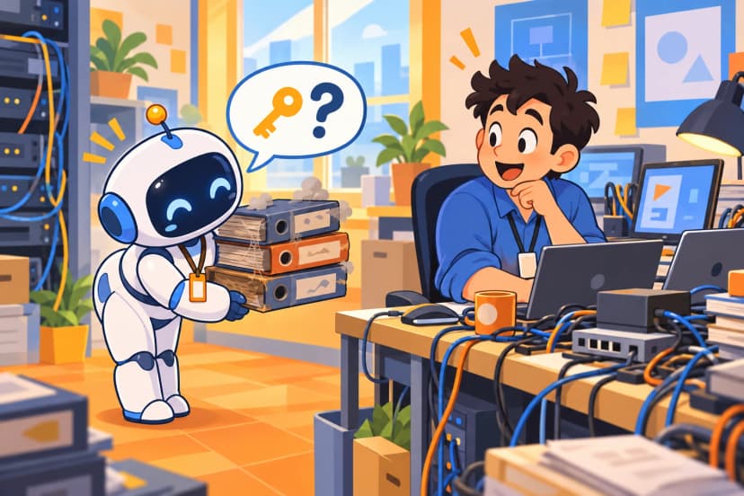 ファイルを抱えて情シスに話しかける新人のAI(イラスト)