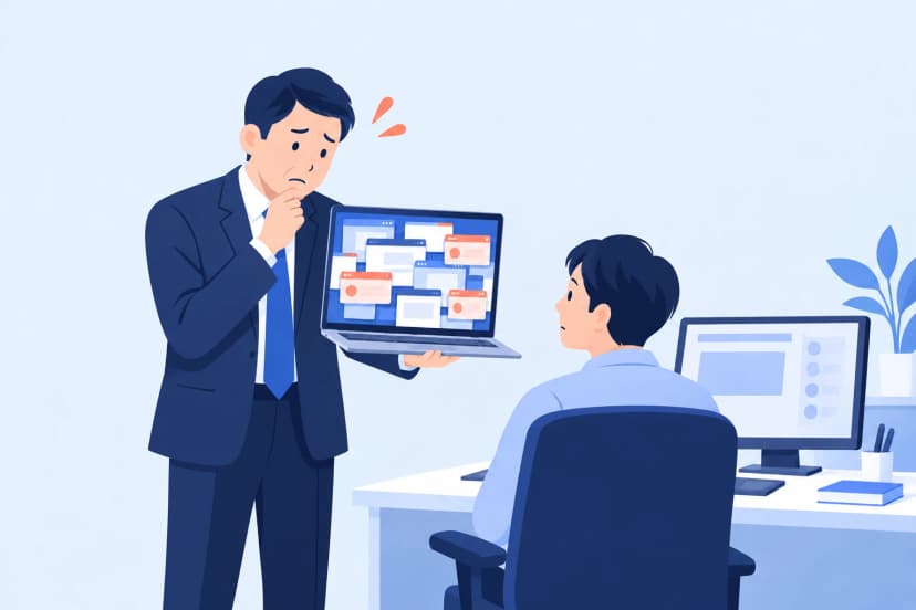 通知の小さな窓が重なったノートPCを持つ上司が、困った顔で、モニターの前に座る情シスの席に来ている(イラスト)
