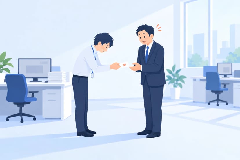情シスの社員が頭を下げて小さなカードを両手で差し出し、スーツ姿の上司が少し驚いて受け取っている(イラスト)